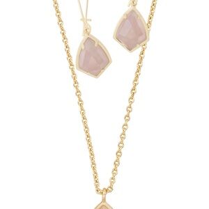Gold Chain Necklace and Pink Stone Earrings Set